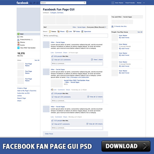 Facebook のファンのページ GUI PSD
